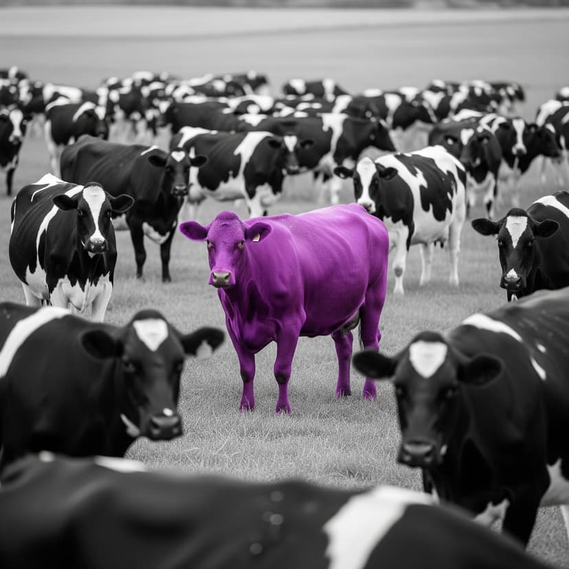 A purple cow standing out among a field of black and white cows